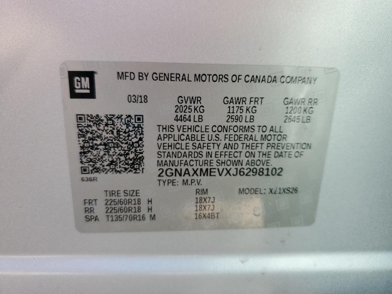 2GNAXMEVXJ6298102 2018 Chevrolet Equinox Premier