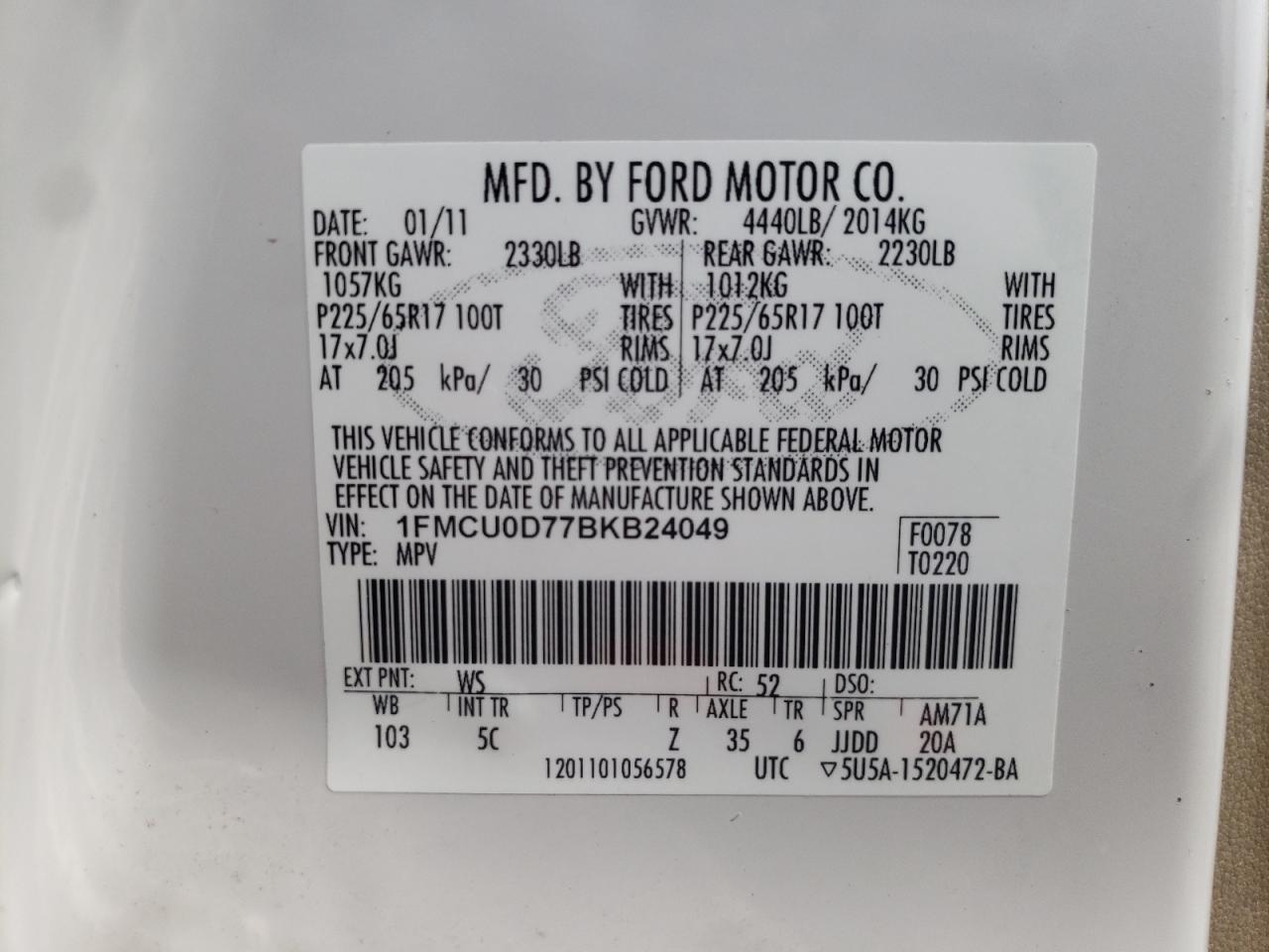 1FMCU0D77BKB24049 2011 Ford Escape Xlt