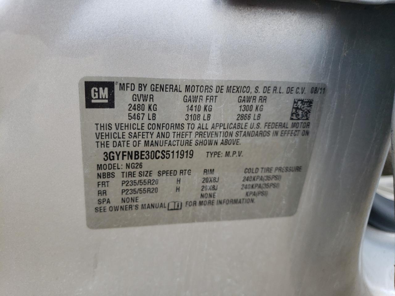 3GYFNBE30CS511919 2012 Cadillac Srx Performance Collection