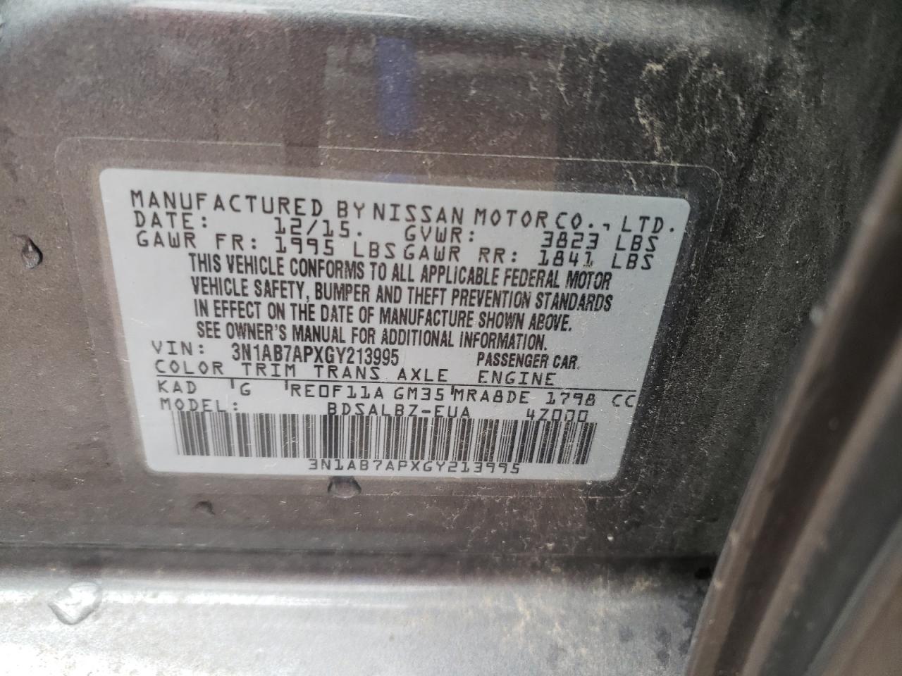 3N1AB7APXGY213995 2016 Nissan Sentra S