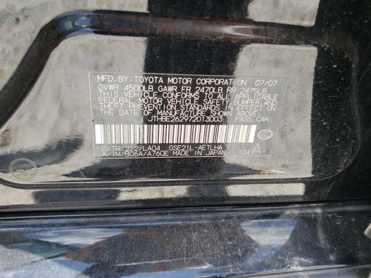 JTHBE262972013003 2007 Lexus Is 350