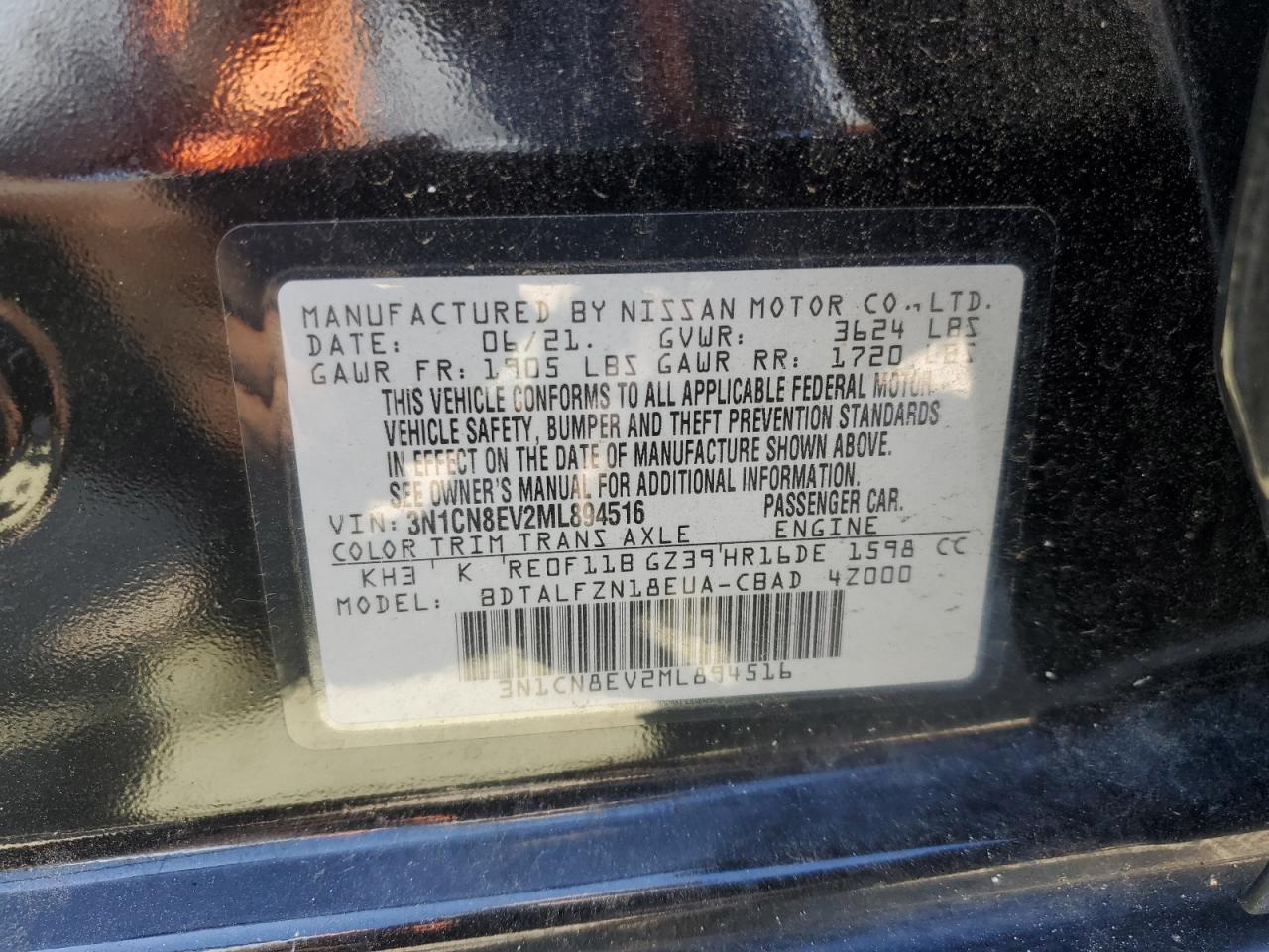 3N1CN8EV2ML894516 2021 Nissan Versa Sv