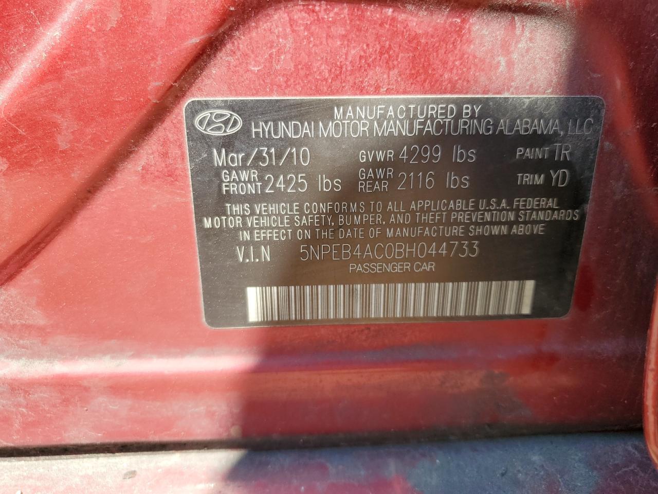 5NPEB4AC0BH044733 2011 Hyundai Sonata Gls