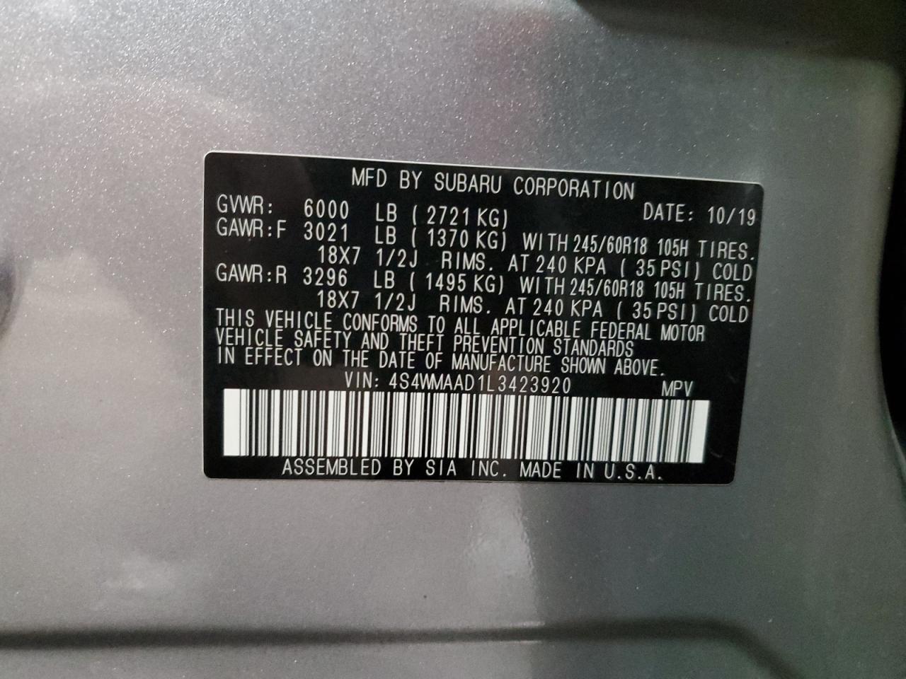 4S4WMAAD1L3423920 2020 Subaru Ascent