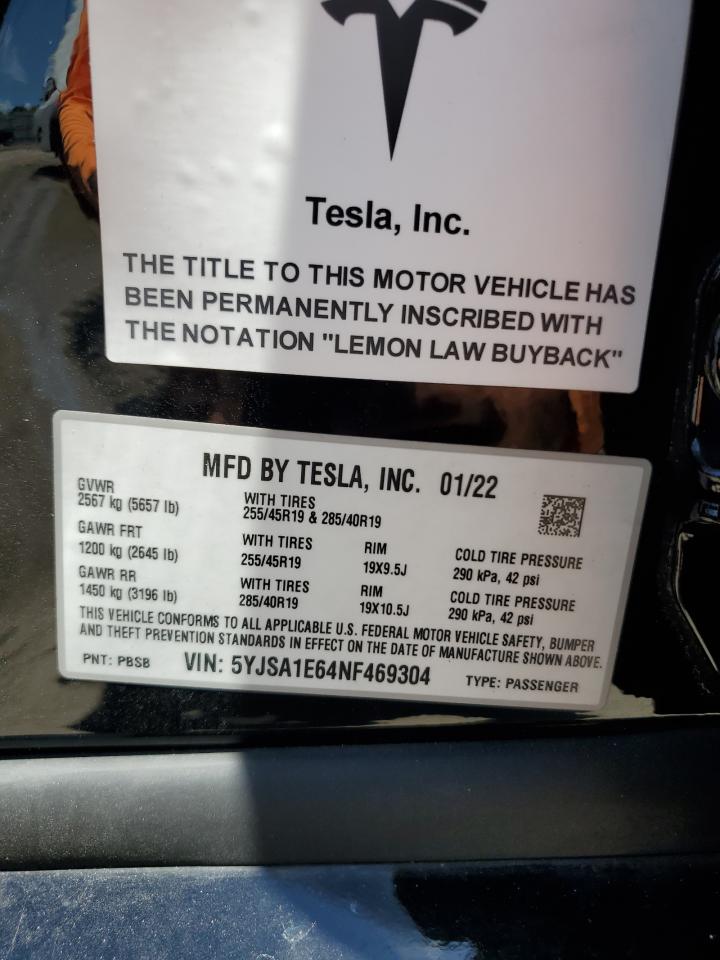 Lot #2974716199 2022 TESLA MODEL S