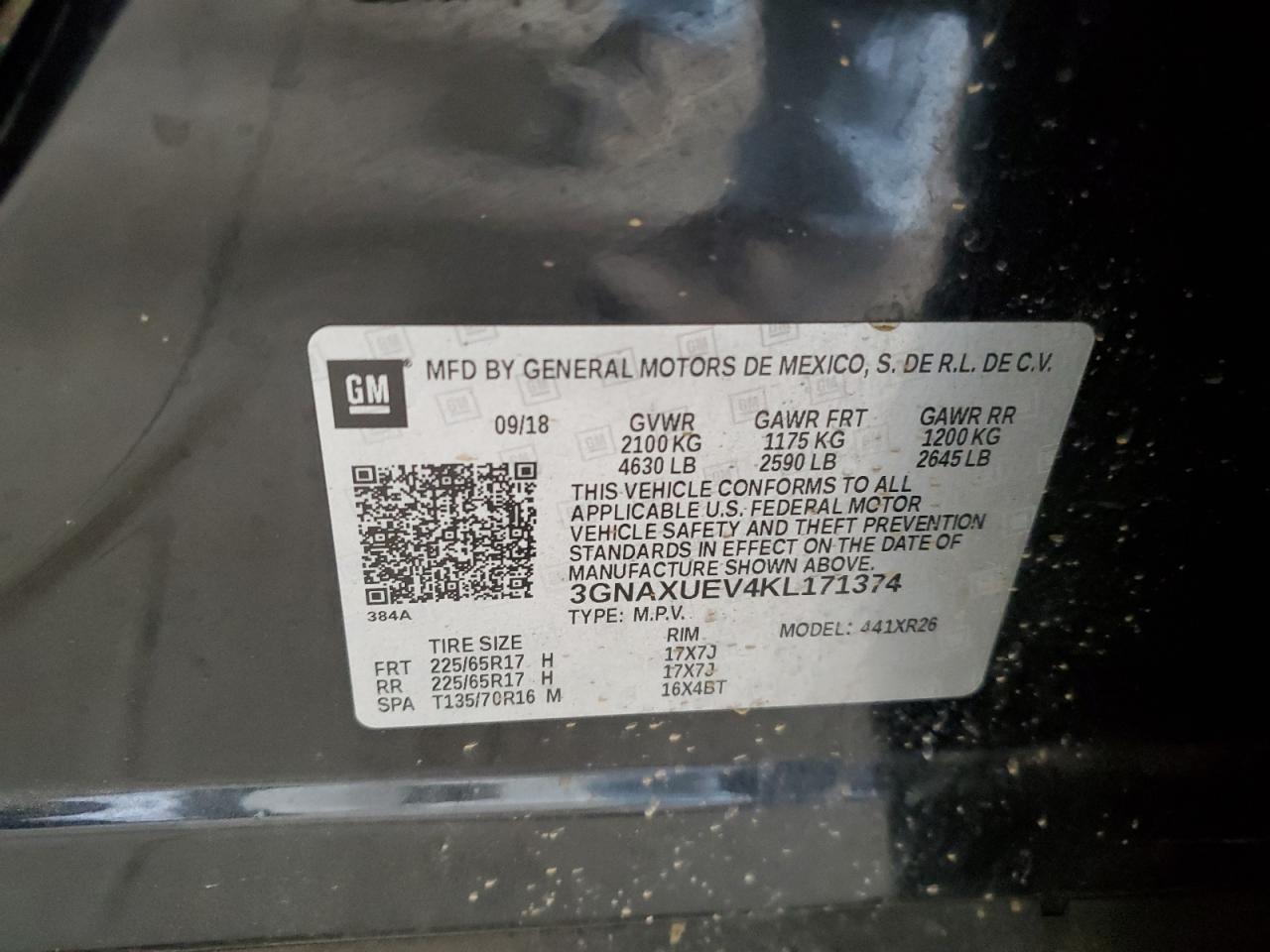 3GNAXUEV4KL171374 2019 Chevrolet Equinox Lt