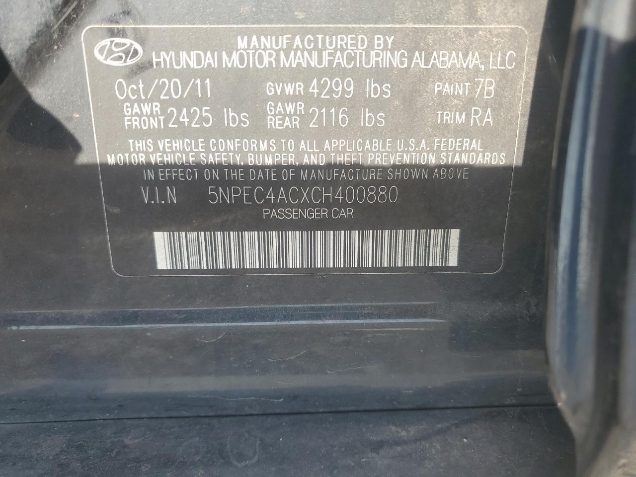 5NPEC4ACXCH400880 2012 Hyundai Sonata Se