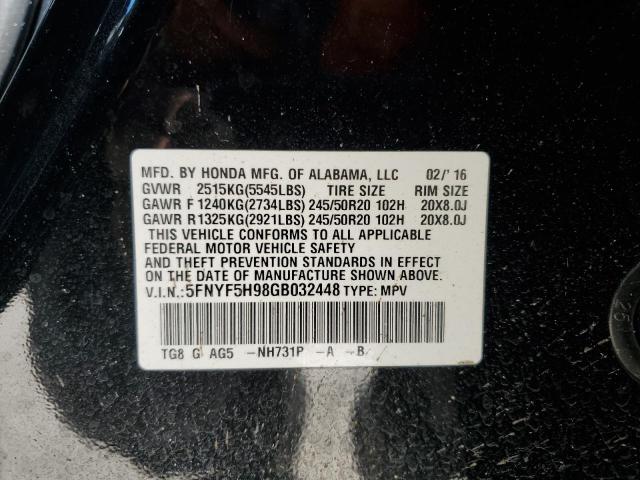 2016 Honda Pilot Touring VIN: 5FNYF5H98GB032448 Lot: 57635544