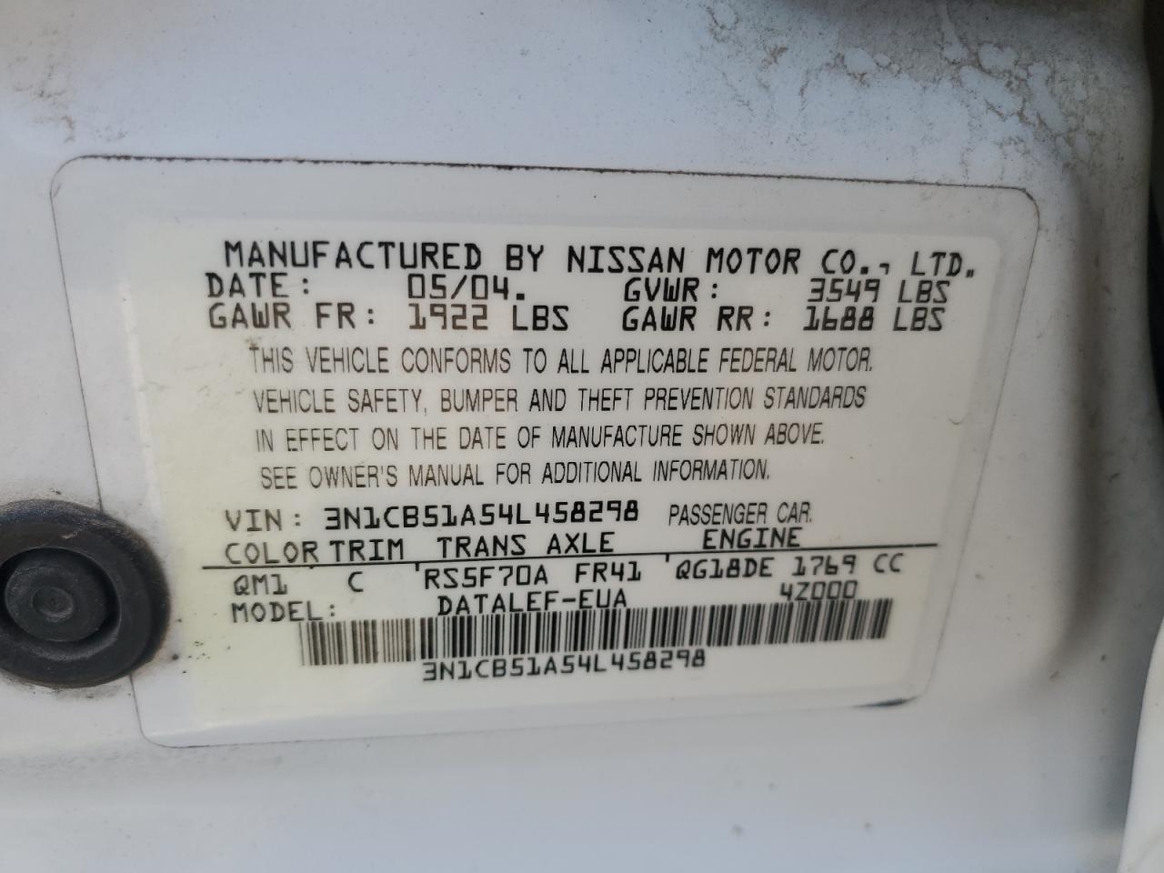 3N1CB51A54L458298 2004 Nissan Sentra 1.8S