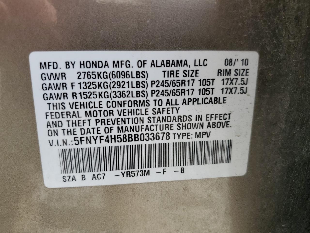 5FNYF4H58BB033678 2011 Honda Pilot Exl