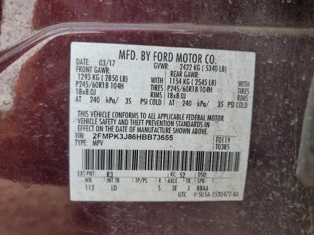 2017 Ford Edge Sel VIN: 2FMPK3J86HBB73655 Lot: 59678454