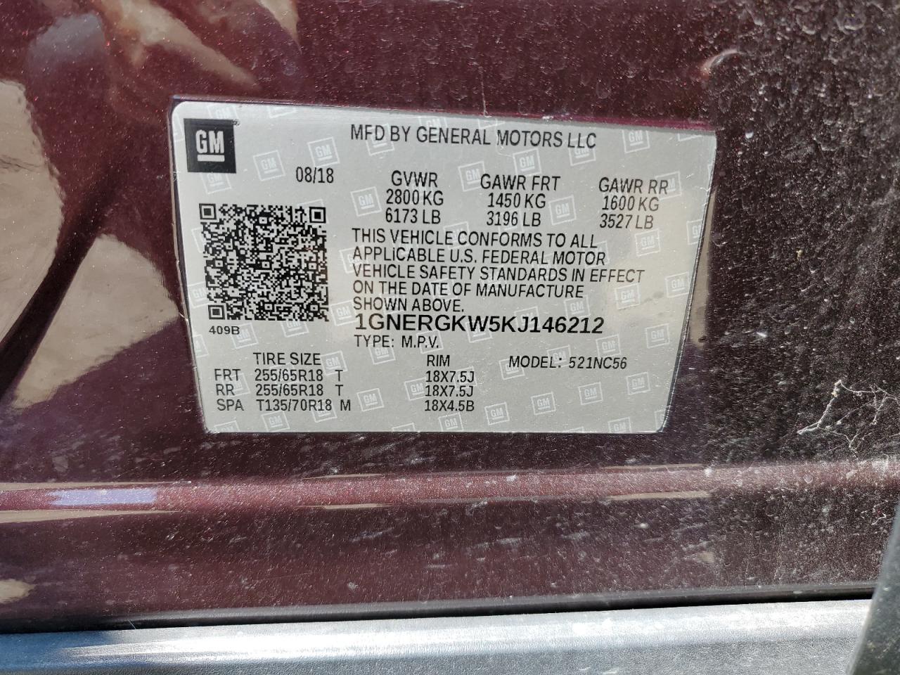 1GNERGKW5KJ146212 2019 Chevrolet Traverse Lt