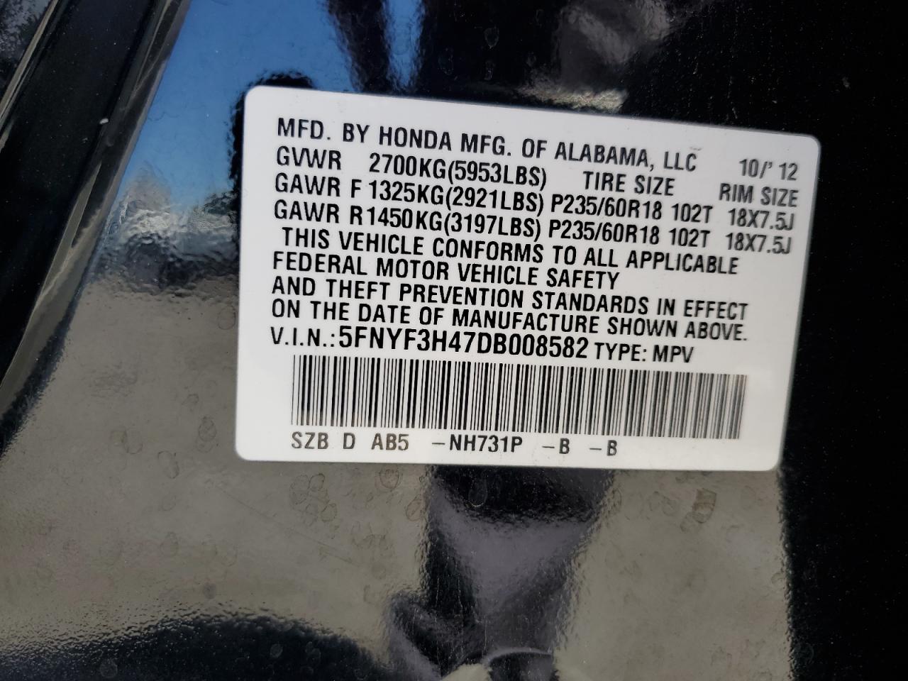 5FNYF3H47DB008582 2013 Honda Pilot Ex