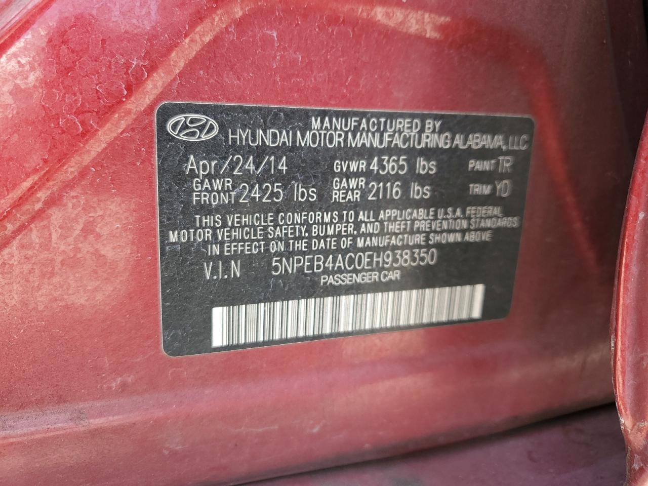 5NPEB4AC0EH938350 2014 Hyundai Sonata Gls