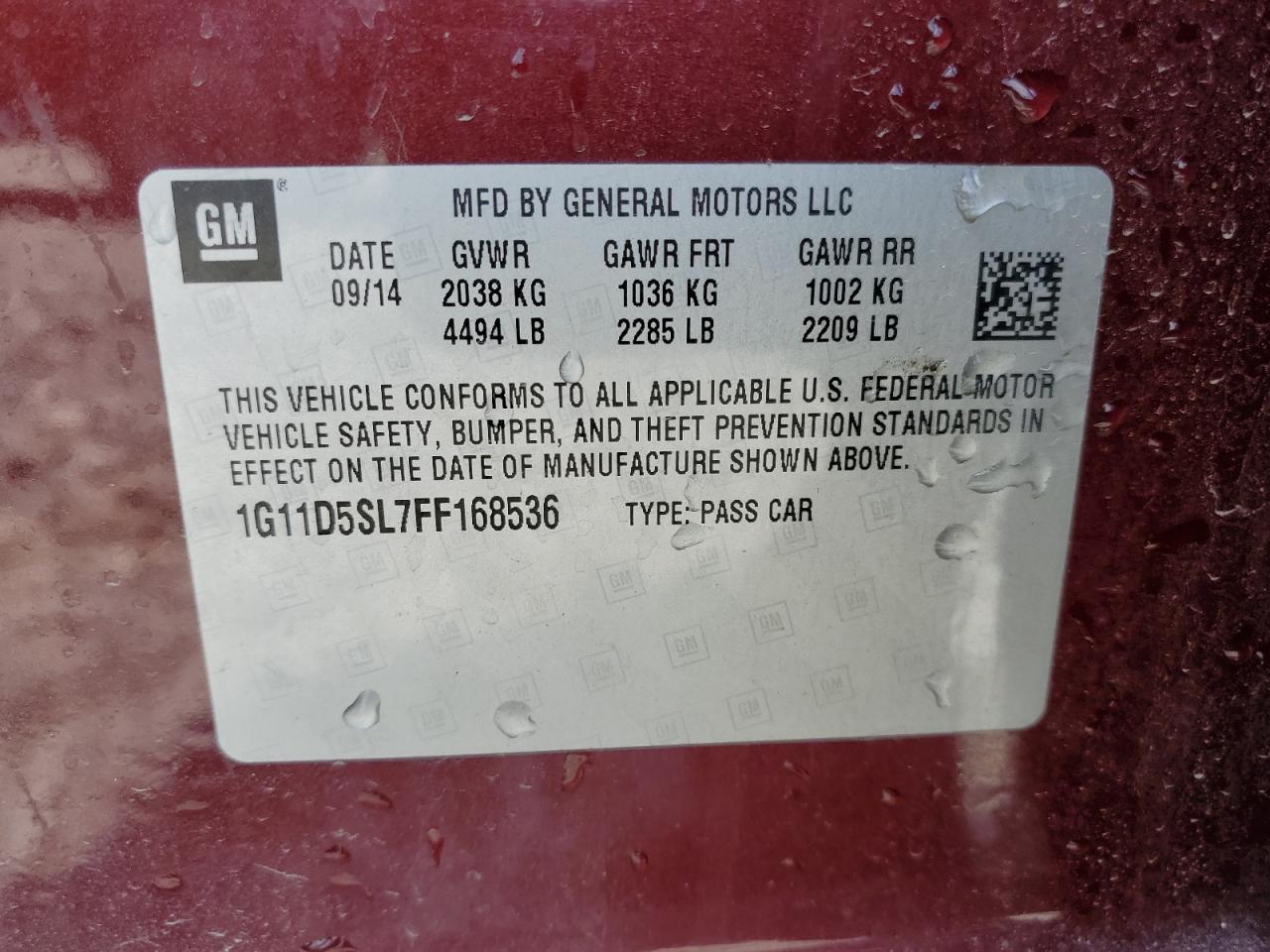 1G11D5SL7FF168536 2015 Chevrolet Malibu 2Lt