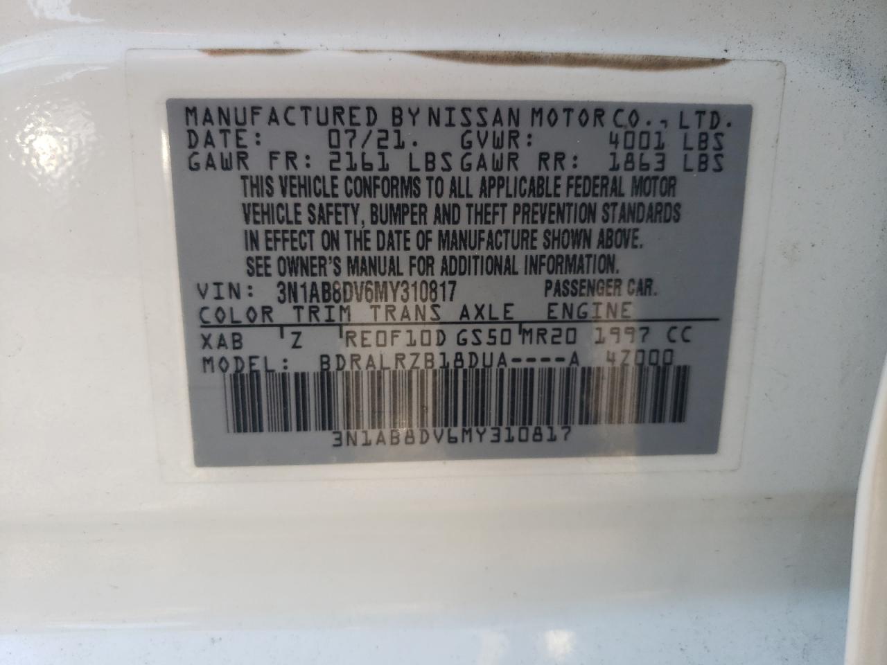 3N1AB8DV6MY310817 2021 Nissan Sentra Sr