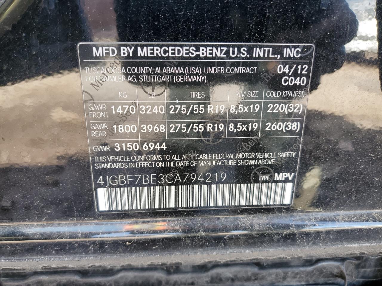 4JGBF7BE3CA794219 2012 Mercedes-Benz Gl 450 4Matic