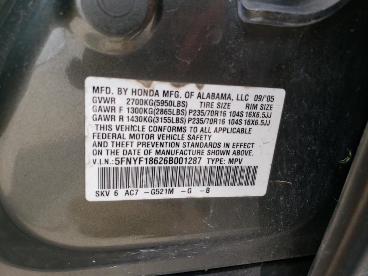 5FNYF18626B001287 2006 Honda Pilot Ex