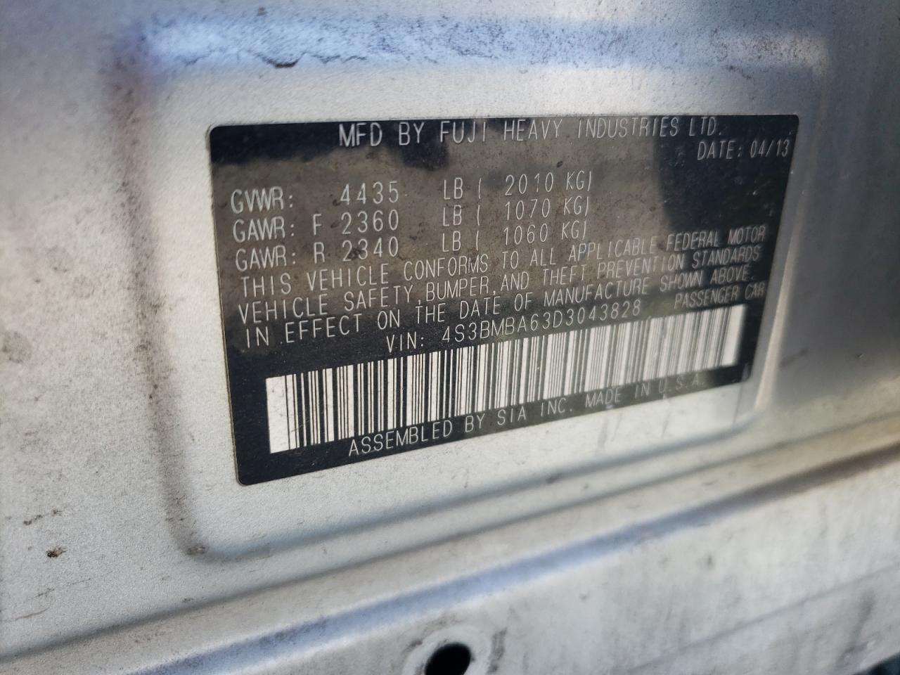 4S3BMBA63D3043828 2013 Subaru Legacy 2.5I