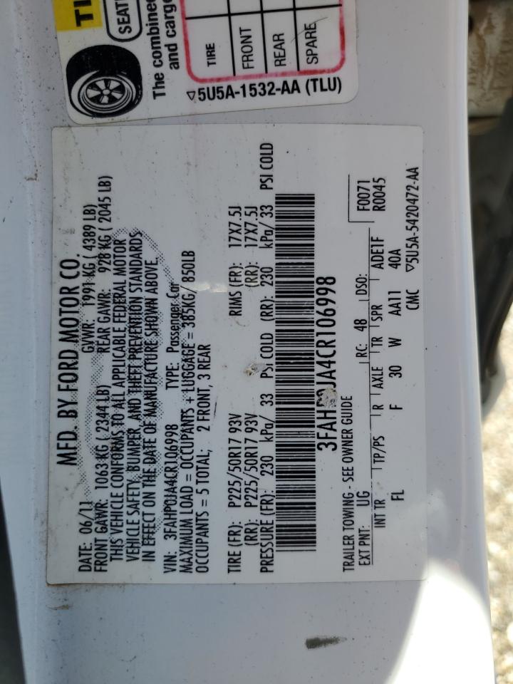 3FAHP0JA4CR106998 2012 Ford Fusion Sel