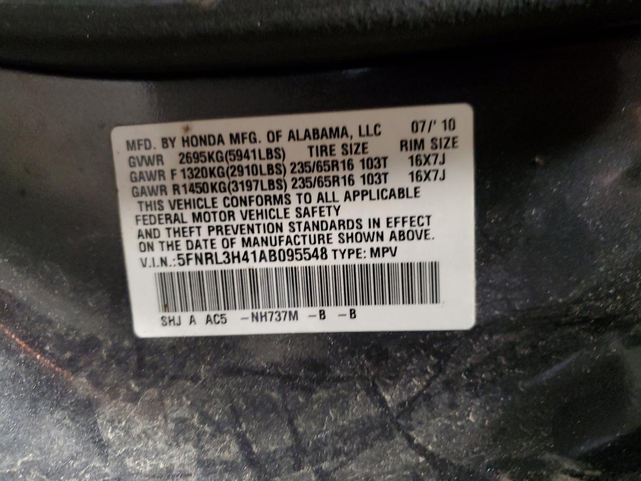 5FNRL3H41AB095548 2010 Honda Odyssey Ex