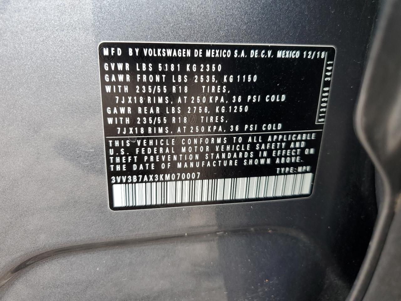 3VV3B7AX3KM070007 2019 Volkswagen Tiguan Se