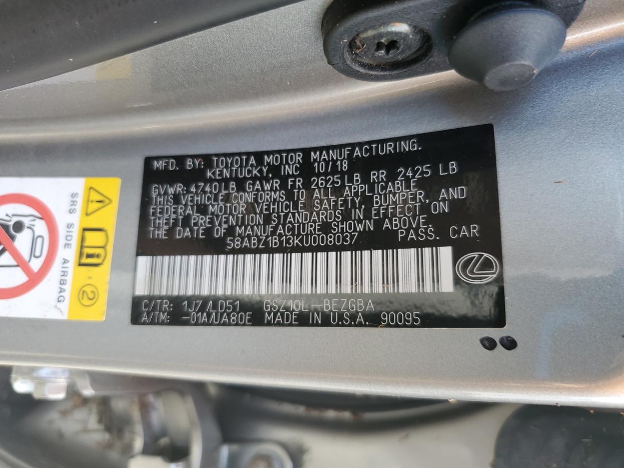 58ABZ1B13KU008037 2019 Lexus Es 350