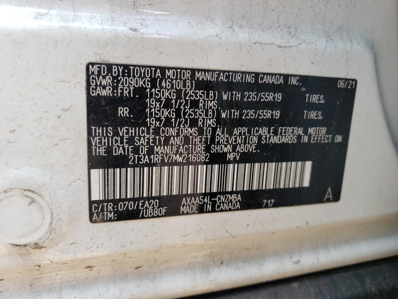 2T3A1RFV7MW216082 2021 Toyota Rav4 Xle Premium