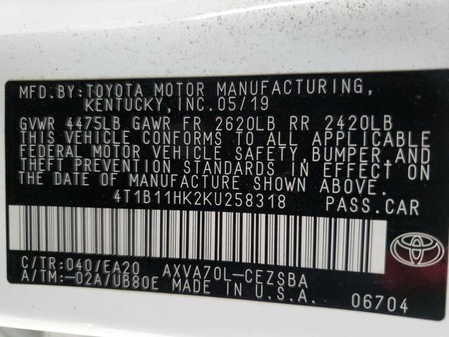 VIN 4T1B11HK2KU258318 2019 Toyota Camry, L no.12