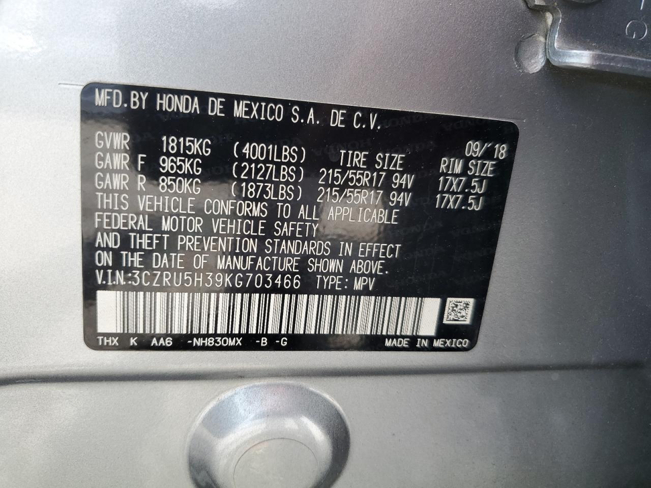 3CZRU5H39KG703466 2019 Honda Hr-V Lx