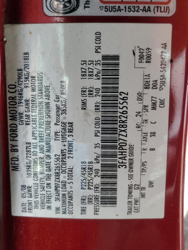 3FAHP07ZX8R265562 2008 Ford Fusion Se
