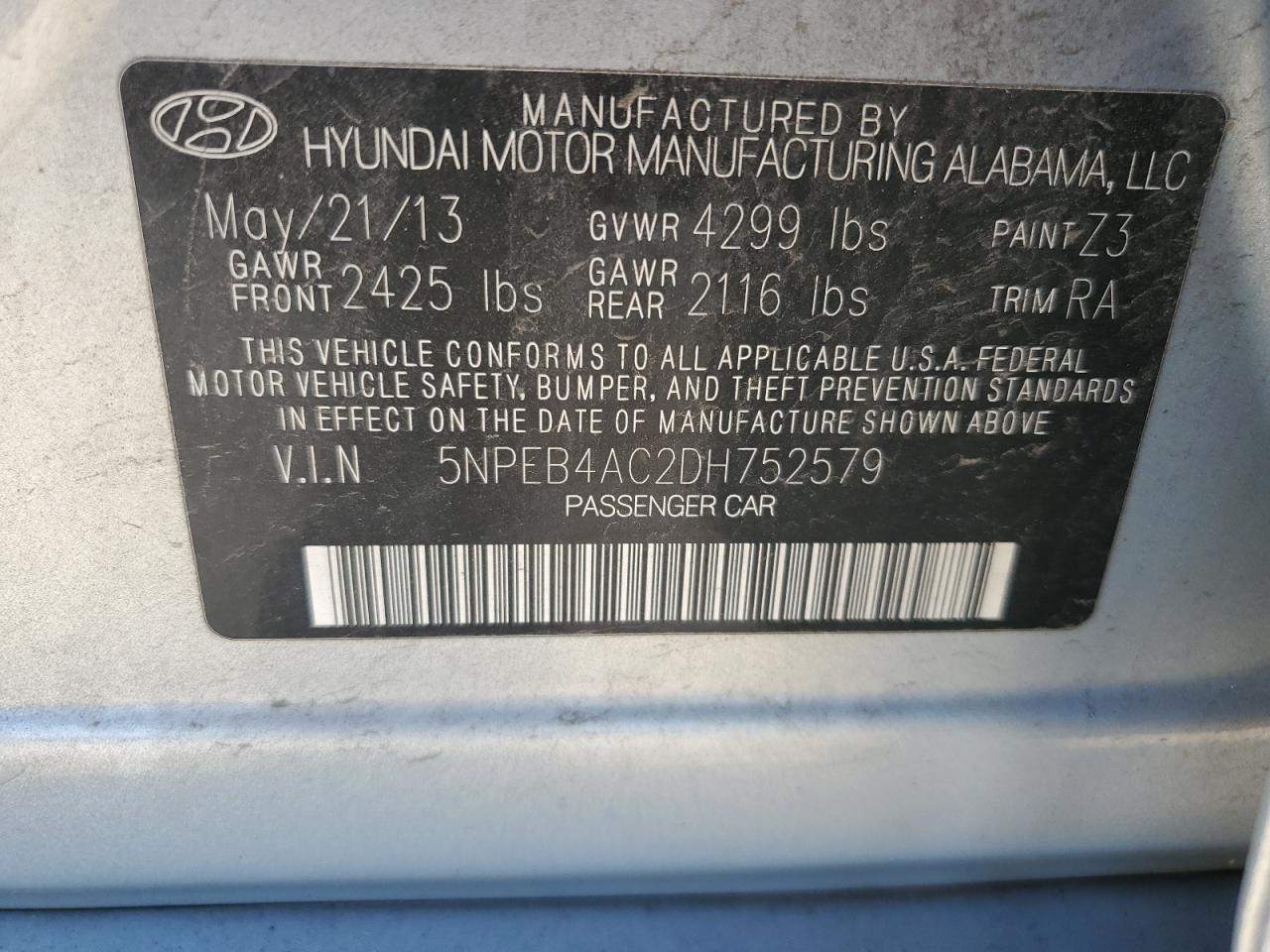 5NPEB4AC2DH752579 2013 Hyundai Sonata Gls