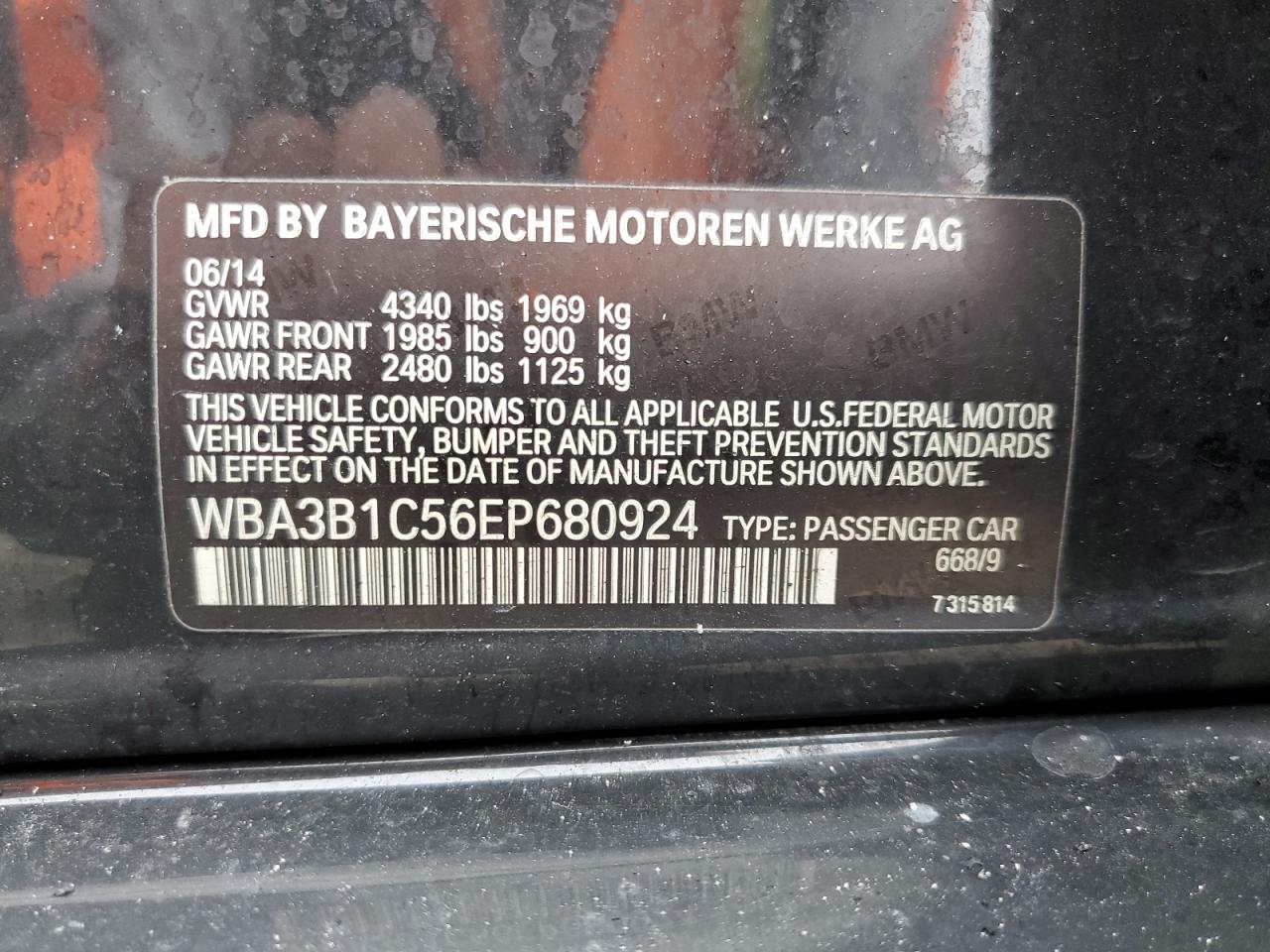 WBA3B1C56EP680924 2014 BMW 320 I