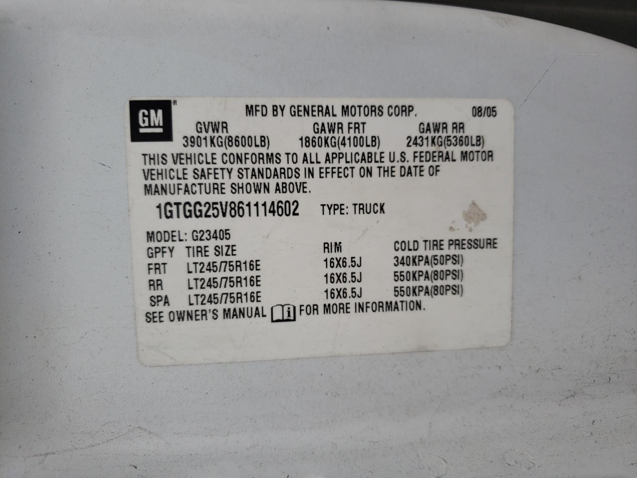 1GTGG25V861114602 2006 GMC Savana G2500