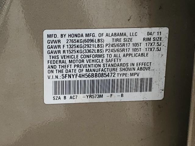2011 Honda Pilot Exl VIN: 5FNYF4H56BB085472 Lot: 60841984
