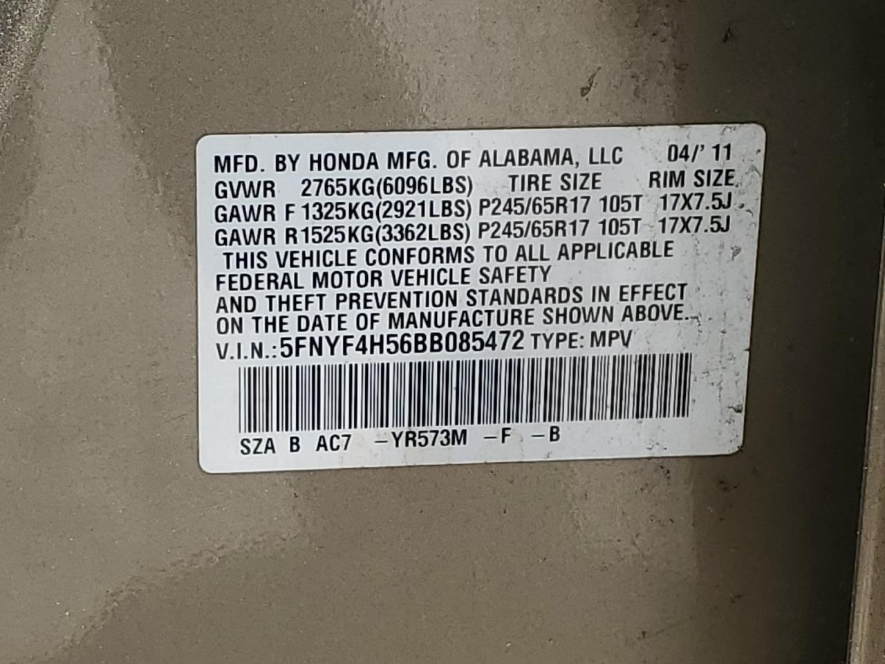 5FNYF4H56BB085472 2011 Honda Pilot Exl