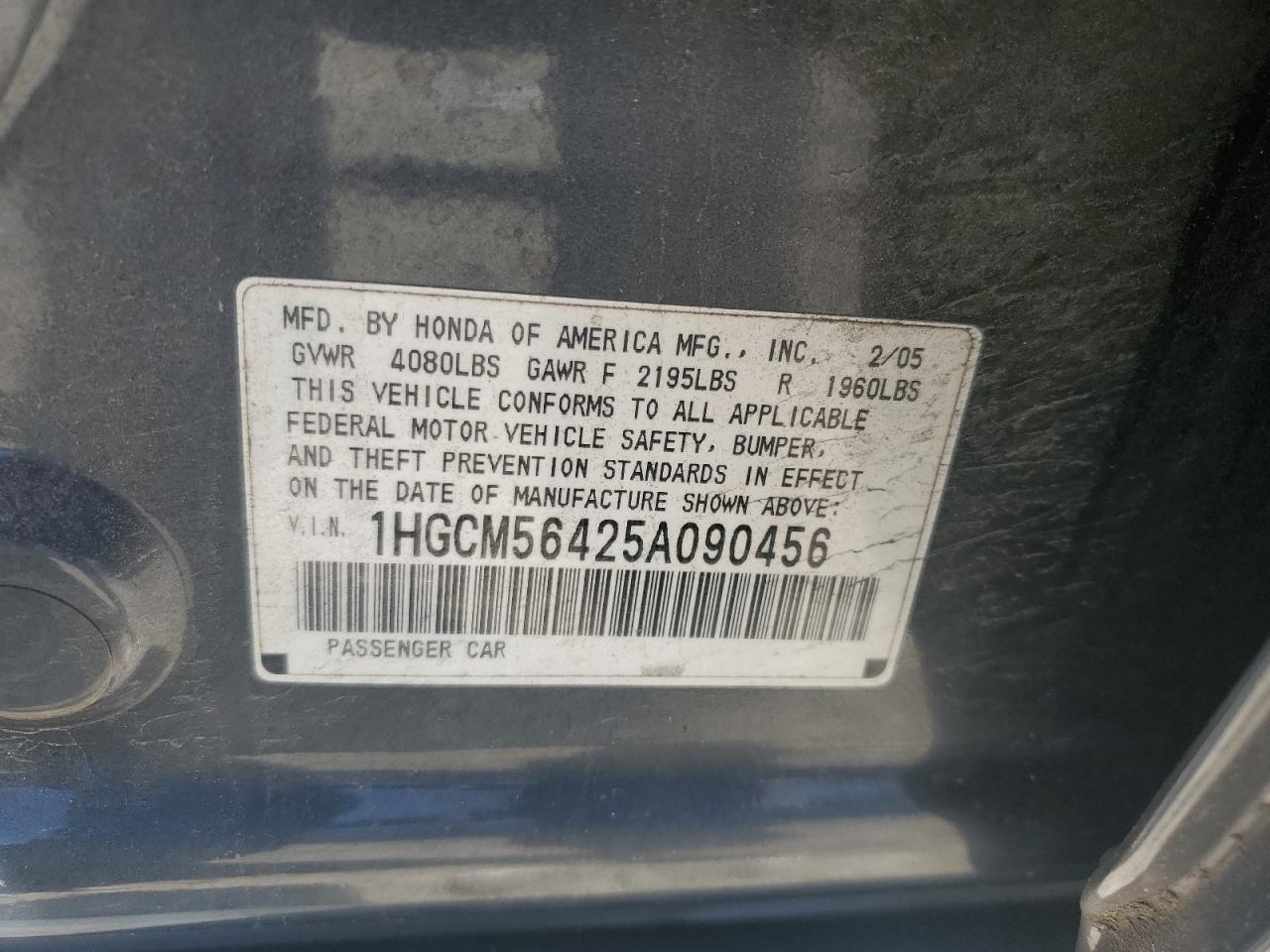 1HGCM56425A090456 2005 Honda Accord Lx