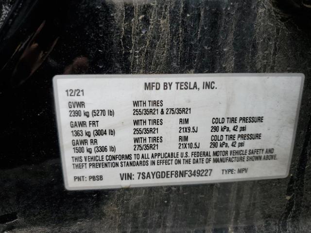 2022 Tesla Model Y VIN: 7SAYGDEF8NF349227 Lot: 60113344