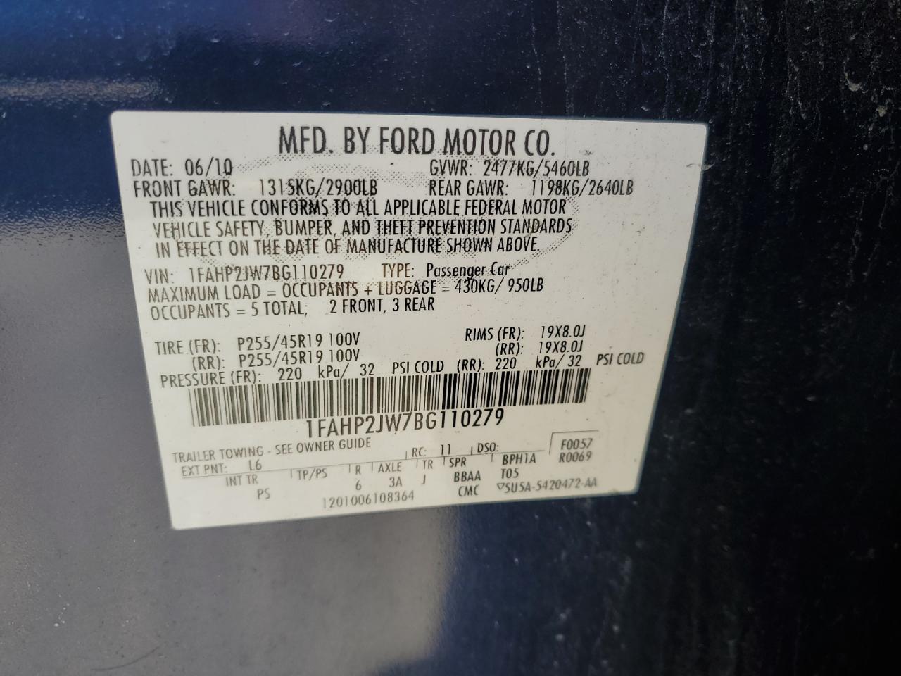 1FAHP2JW7BG110279 2011 Ford Taurus Limited