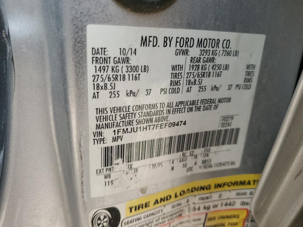 1FMJU1HT7FEF09474 2015 Ford Expedition Xlt