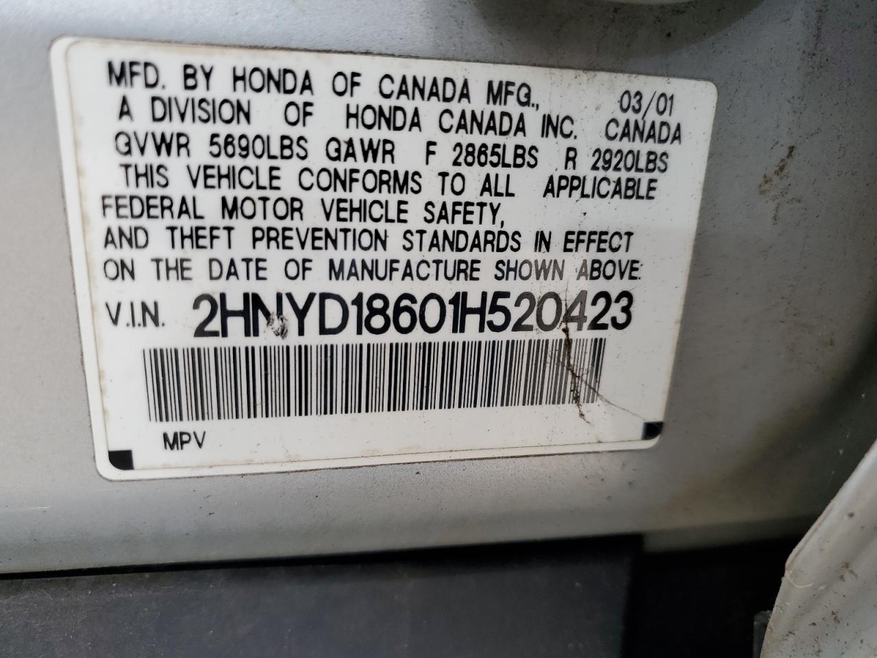 2HNYD18601H520423 2001 Acura Mdx Touring