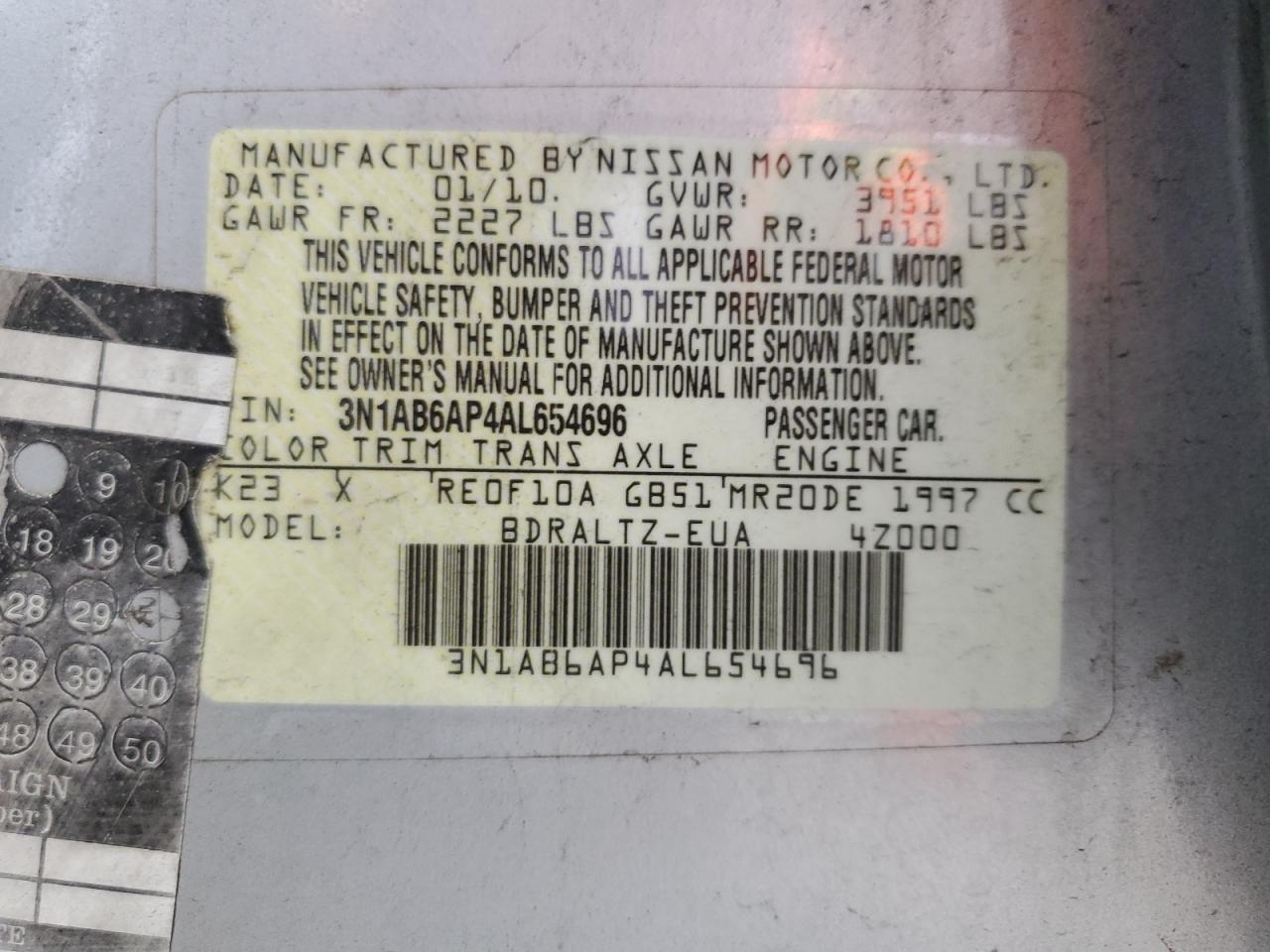 3N1AB6AP4AL654696 2010 Nissan Sentra 2.0