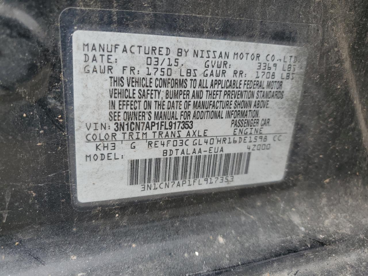 3N1CN7AP1FL917353 2015 Nissan Versa S