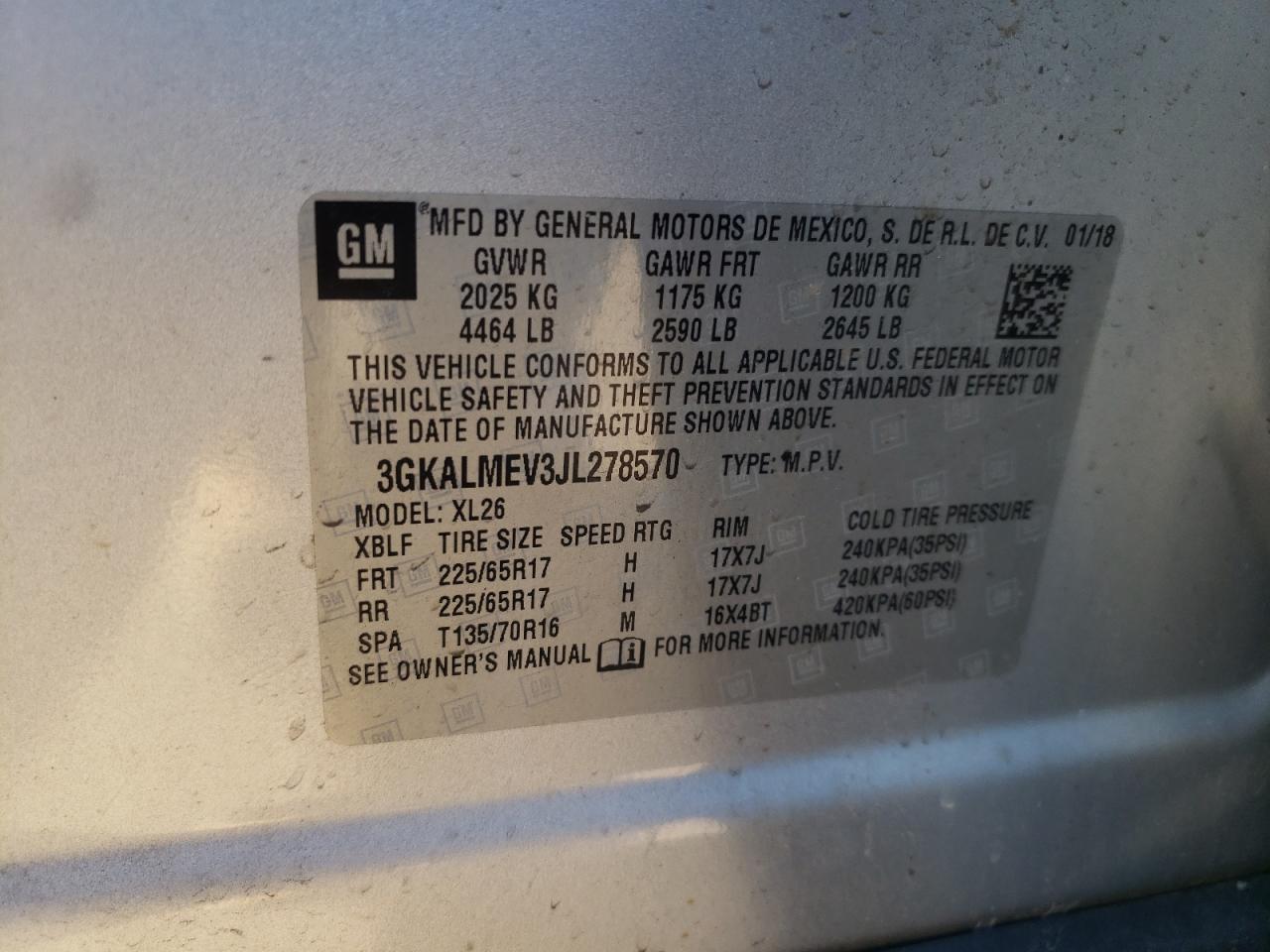 3GKALMEV3JL278570 2018 GMC Terrain Sle