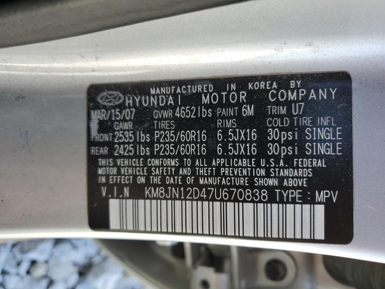 KM8JN12D47U670838 2007 Hyundai Tucson Se