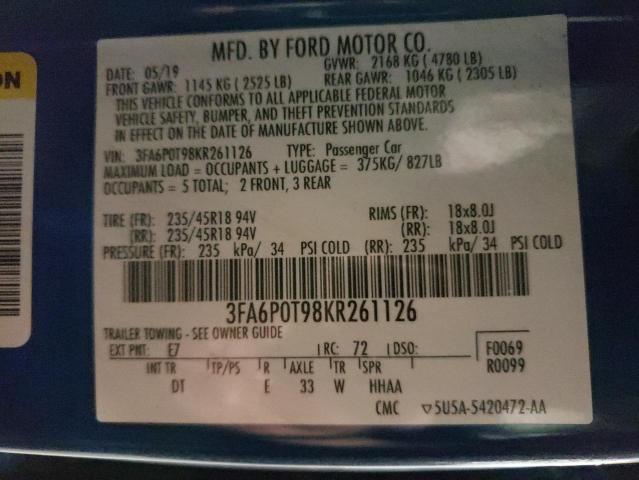 2019 FORD FUSION SE - 3FA6P0T98KR261126