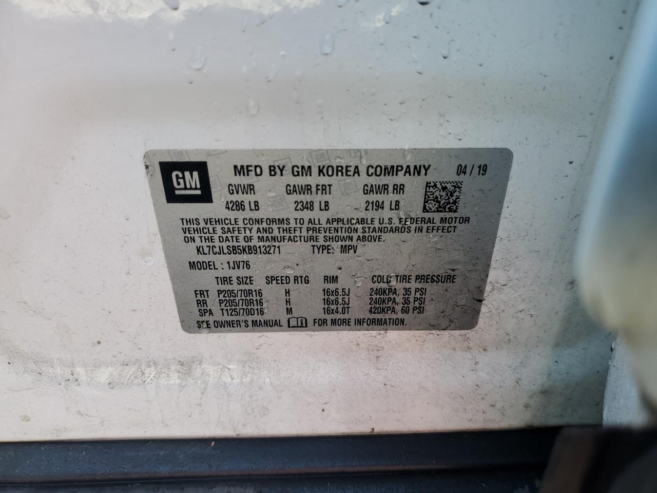 KL7CJLSB5KB913271 2019 Chevrolet Trax 1Lt