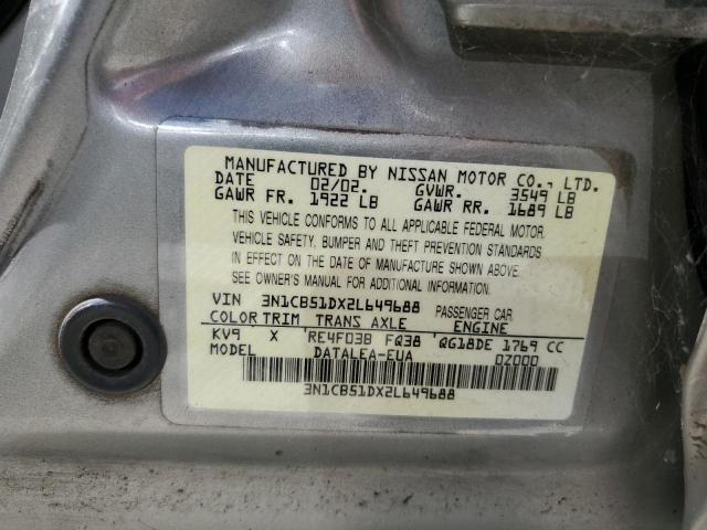 2002 Nissan Sentra Xe VIN: 3N1CB51DX2L649688 Lot: 60647854