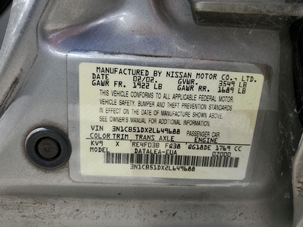 3N1CB51DX2L649688 2002 Nissan Sentra Xe