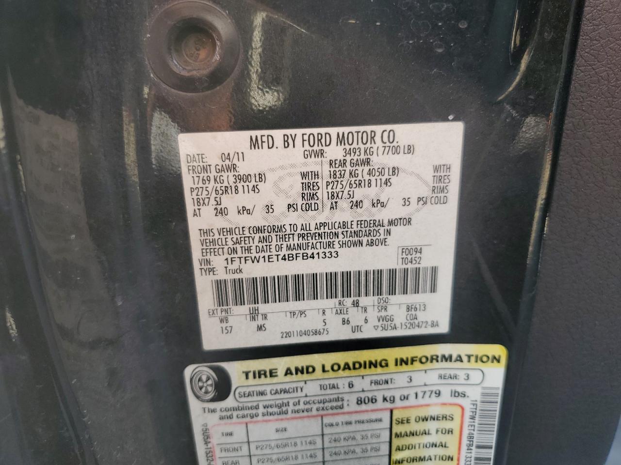 1FTFW1ET4BFB41333 2011 Ford F150 Supercrew